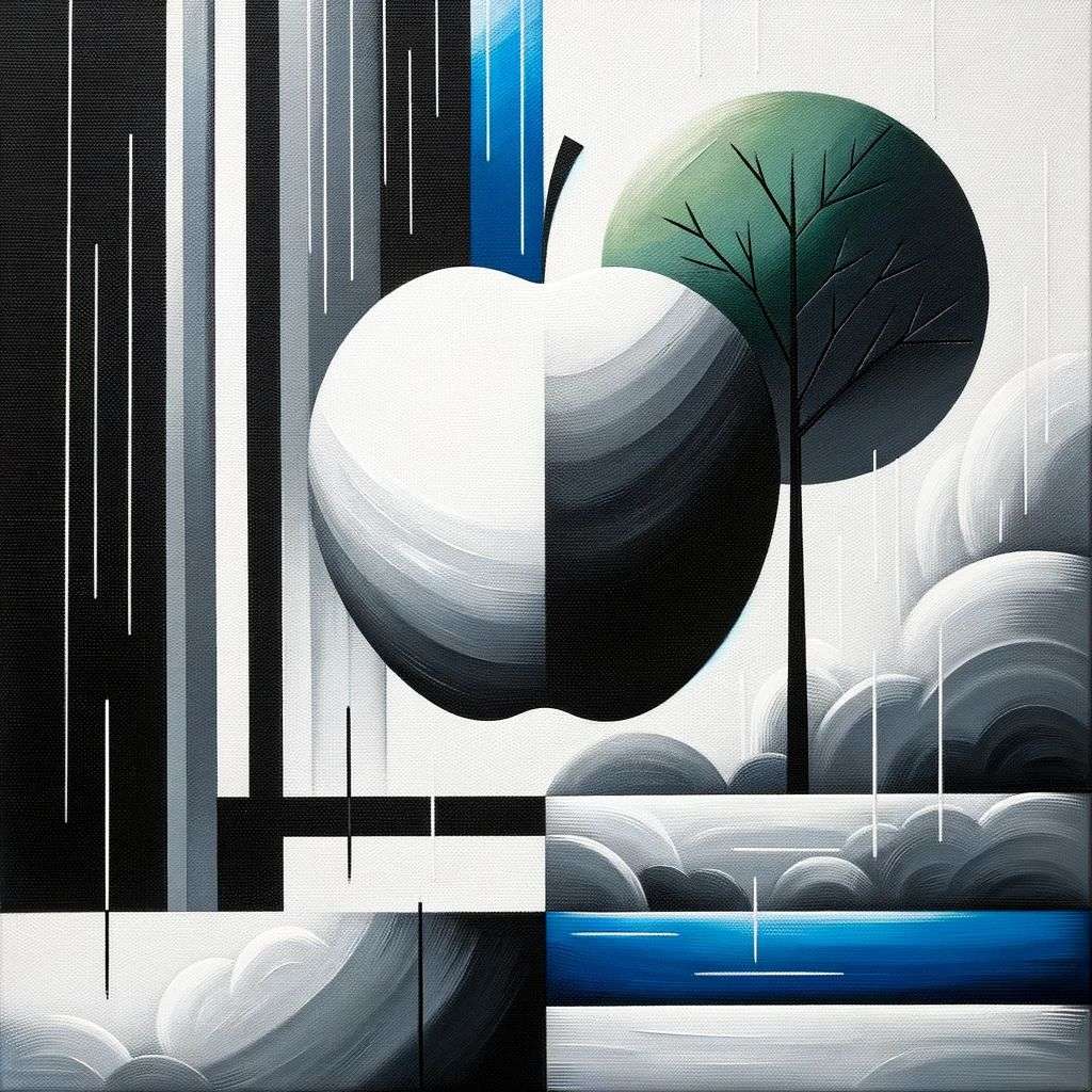 minimalist painting of the discovery of gravity in black, white, grey and blue paint on canvas